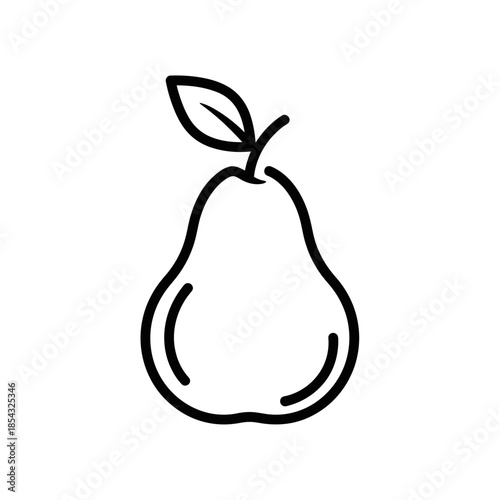 Minimalist black outline drawing of single ripe pear with leaf