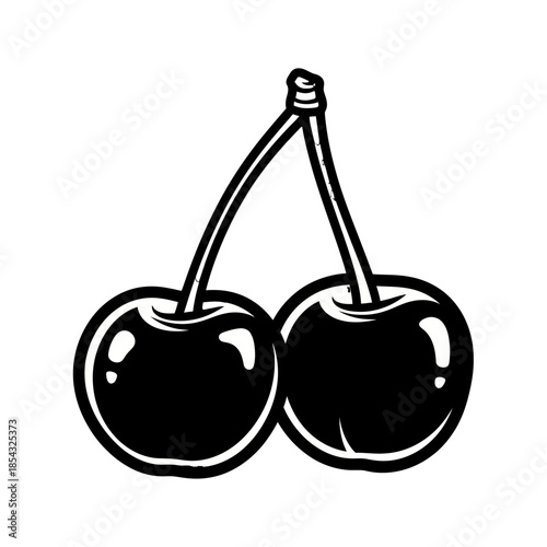 Two juicy cherries with stems connected in black and white illustration