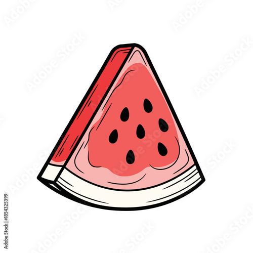 Fresh juicy watermelon slice with black seeds on white background