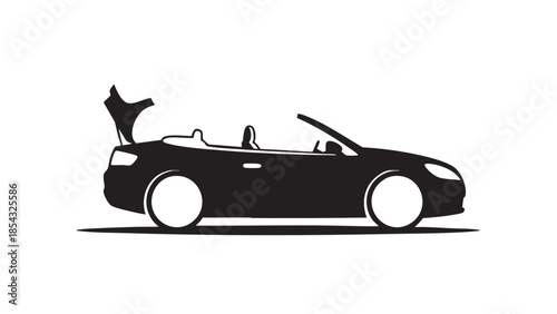 A dog jumping out of a convertible car driving on the road