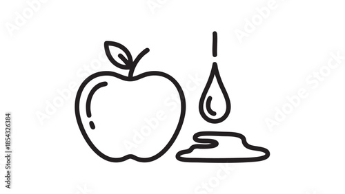 A simple line drawing of an apple and a drop of liquid on a plain white background