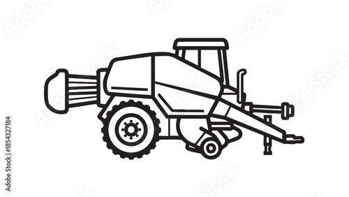 Tractor with attached plow equipment in a simple line art illustration