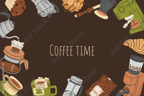 Home coffee banner. Hand drawn coffee cups, pastry, morning meals, croissant. Posters for cafe menu. 