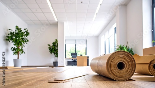 Wooden laminate flooring installation in a modern, empty office space during renovation with material rolls and planks on the floor.