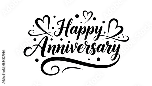 Elegant black script 'Happy Anniversary' with decorative hearts and dots on white background