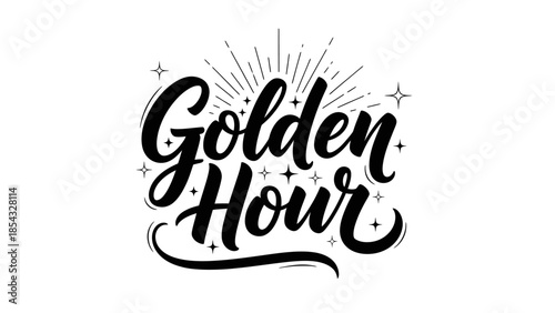 Elegant hand-lettered calligraphy text for "Golden Hour" with sparkling accents