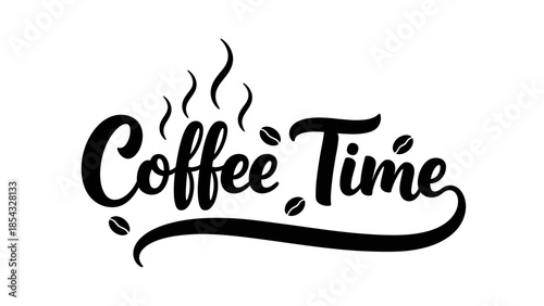 Elegant hand-lettered 'Coffee Time' inscription with steaming coffee beans, perfect for cafes and