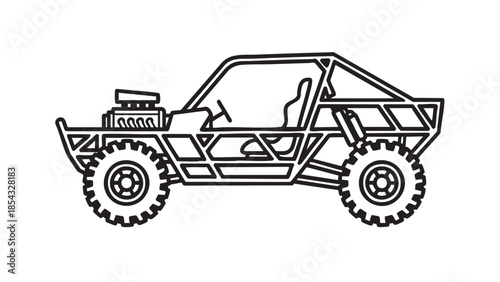 A detailed illustration of a rugged off-road vehicle with large tires and an open top, viewed from the side.