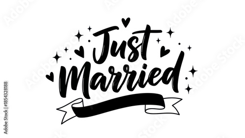 Elegant 'Just Married' script with festive hearts and stars, perfect for wedding celebrations and