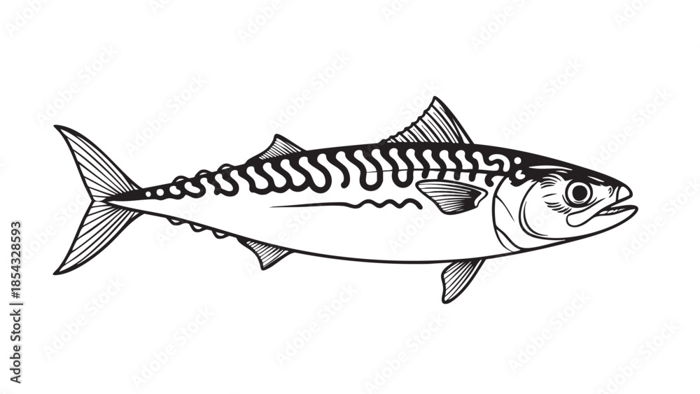 Fototapeta premium A detailed black and white illustration of a mackerel fish viewed from the side, showcasing its distinctive striped pattern and sleek body shape.