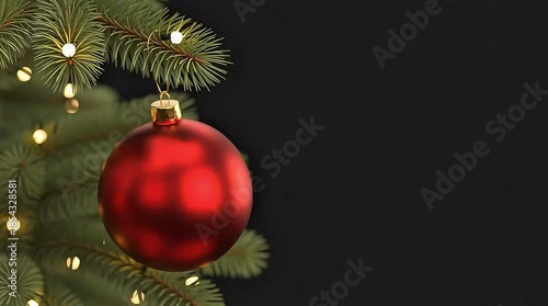 Vibrant red Christmas ornament hanging on tree branch with warm lights
