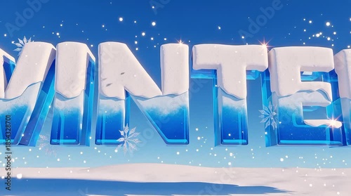 Winter wonderland scene with snowy text and serene landscape