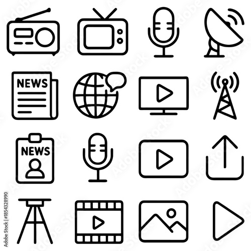Communication and Media Icons: An array of concise graphic icons, representing diverse communication tools and media platforms, designed to convey clarity.