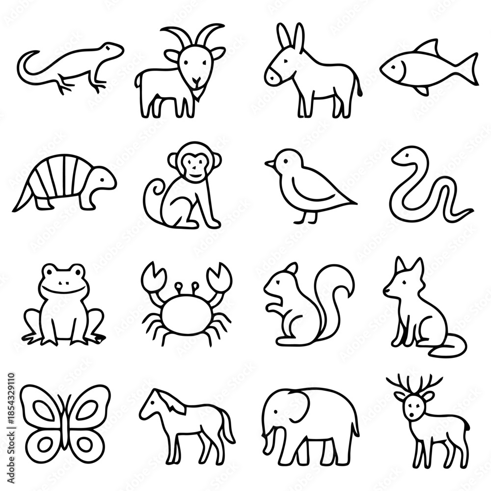 Fototapeta premium Animal Icons Collection: A collection of simple black and white animal icons, perfect for educational materials, design projects, and branding needs. Featuring diverse creatures.