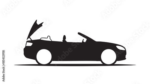 Silhouette of a convertible car with open hood and doors, viewed from the side