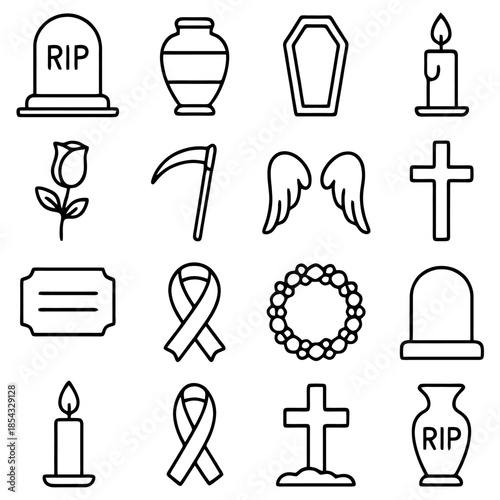 Grief's Embodiments: A collection of evocative line icons, each representing aspects of mourning, memorial, and remembrance, from tombstones to symbols of loss and sorrow.