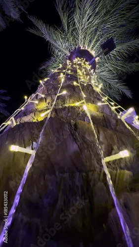 Palm tree wrapped in glowing string lights at night