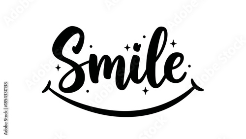 Optimistic calligraphy design featuring the word 'Smile' with a happy curve and sparkling elements
