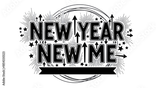 Empowering New Year New Me typographic design with dynamic starburst and arrow elements