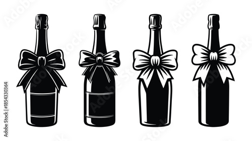 Champagne bottle adorned with decorative ribbon and bows, Wine bottles with bows, Champagne bottles with gift bows silhouette for custom labels or decorations for weddings, parties, and celebrations