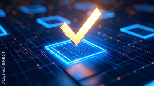 Digital validation concept with a glowing checkmark symbol on a circuit board.