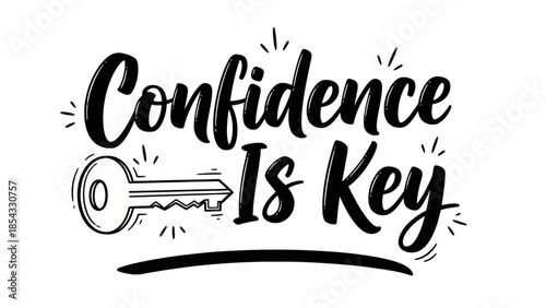 Inspiring hand-drawn brush script typography design stating 'Confidence Is Key' with a symbolic