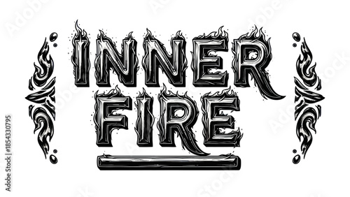 Intense inner fire lettering with detailed flame effects and decorative tribal elements