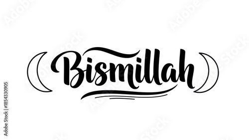 Modern spiritual typography featuring Bismillah phrase and decorative crescent motifs for Islamic