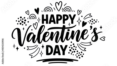 Monochromatic Happy Valentine's Day sentiment with elegant calligraphy and festive doodle elements