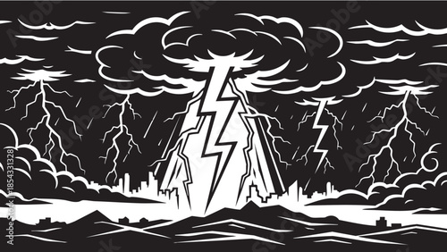 A dramatic lightning strike hits a volcano amidst a thunderstorm over the turbulent sea