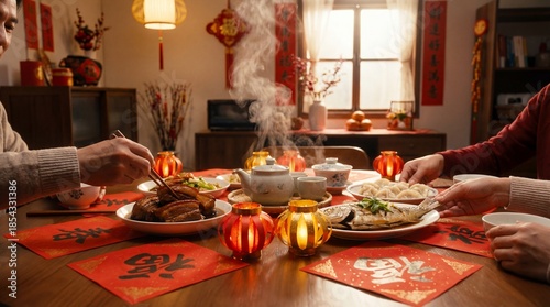 Chinese New Year's Eve dinner featuring traditional dishes and family celebration