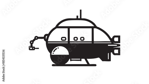 A black and white illustration of a submarine underwater with robotic arm exploring the ocean depths from a side viewpoint