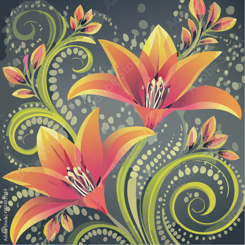 Floral Illustration with White Lilies and Leaves.