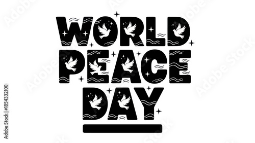 Stylized World Peace Day text design with doves and stars representing global harmony and hope for