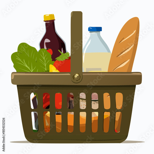 Grocery Basket with Fresh Produce and Drinks.