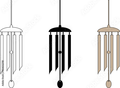 Vector icon set of hanging wind chimes in outline, solid black, and tan color styles