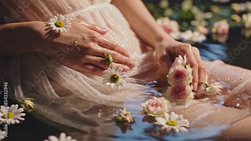 Woman bathed in water holding flowers