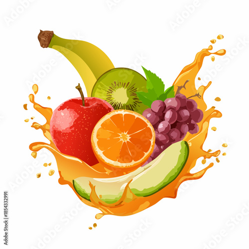 Fresh Fruits with Juice Splash Illustration.