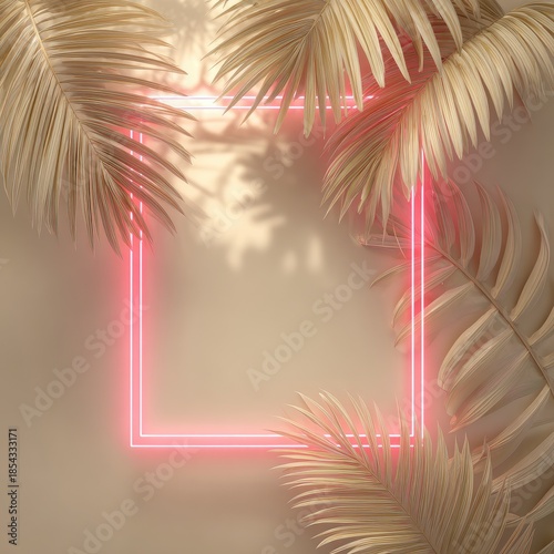Pink neon square framed by dried palm leaves against beige backdrop