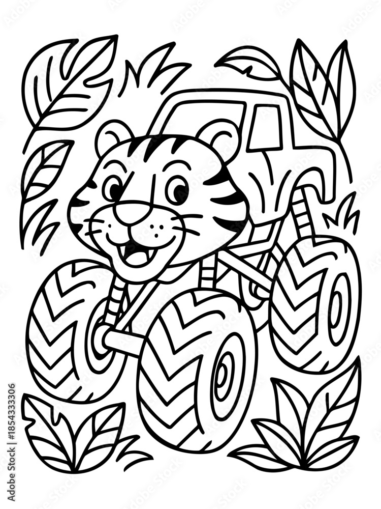 Obraz premium Tiger Monster Truck Adventure: A playful illustration depicts a tiger-faced monster truck navigating a dense jungle landscape. The image exudes a sense of fun and excitement.