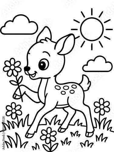 Lovely Fawn in a Sunny Meadow: A charming illustration depicts a sweet fawn with a playful demeanor in a vibrant sunny meadow, clutching a delicate flower, clouds, and radiant sunshine.