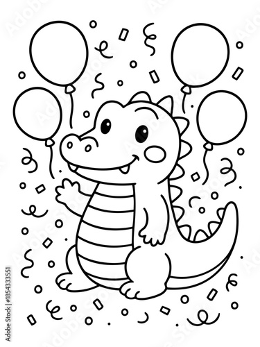 Playful Alligator Celebration: An endearing alligator, surrounded by celebratory balloons and confetti, exudes pure joy and merriment. perfect for adding a touch of delight.