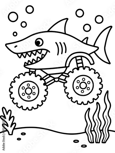 Shark Monster Truck Illustration: A playful black-and-white illustration of a shark transformed into a formidable monster truck, ready for action! With oversized wheels and a menacing grin.