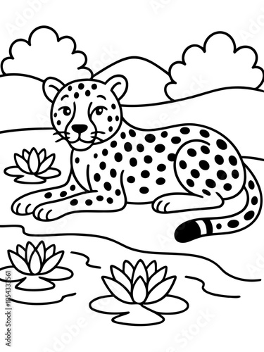 Cheetah Resting: A monochrome illustration of a cheetah, adorned with distinctive spots, relaxing serenely by a pond with lilies, embodying peace and tranquility.