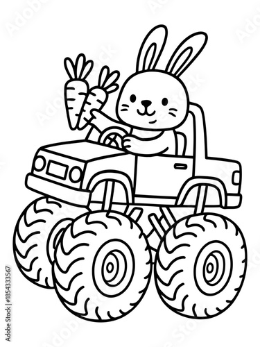 Bunny's Monster Truck Adventure: A cartoon bunny merrily driving a monster truck, carrots in hand, ready for a fun day.