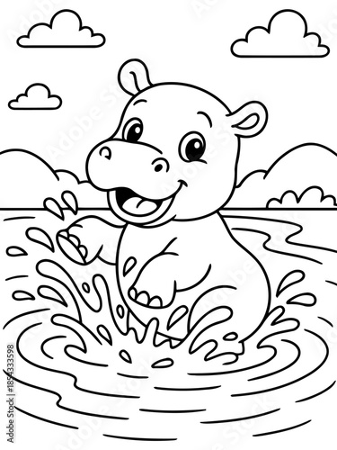 Joyful Hippo in Splashing Water: A playful hippo, exuding joy, splashes merrily in a water, set against a backdrop of clouds and flowing water.