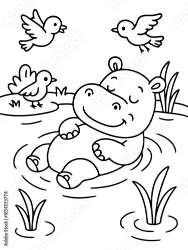 Happy Hippo in a Watering Hole: A playful hippo finds joy in a refreshing watering hole, accompanied by cheerful birds.