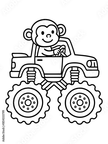 Monkey Driving Monster Truck: A cheerful monkey takes the wheel of a mighty monster truck, embarking on an exciting adventure. This black and white illustration sparks imagination.