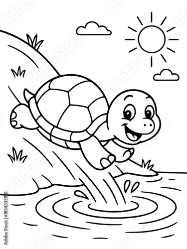 Animated Turtle Jumping: A cute, smiling turtle leaps joyfully into the water, with the sun shining in the background. Illustrative drawing for coloring or children's use. 