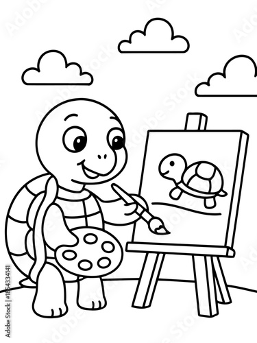 Artistic Turtle's Masterpiece: A charming turtle artist paints a self-portrait on an easel, holding a palette of colors, creating a world of art and creativity.